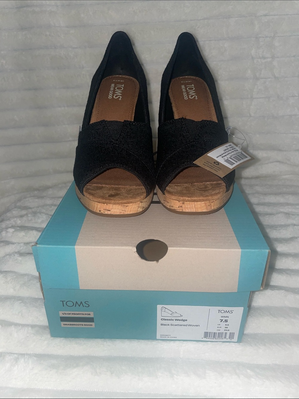 TOMS Black Cork Wedge Peep-Toe Sandals
